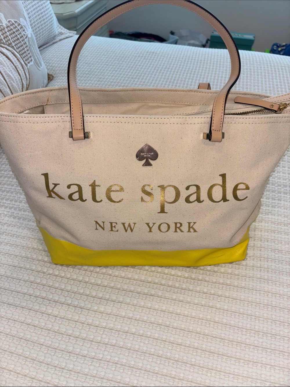 kate spade canvas tote in cream and yellow with blush handles